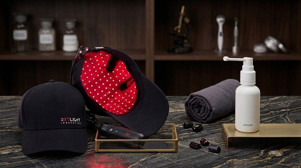 The RedLight Hat Pro beside a bottle of minoxidil