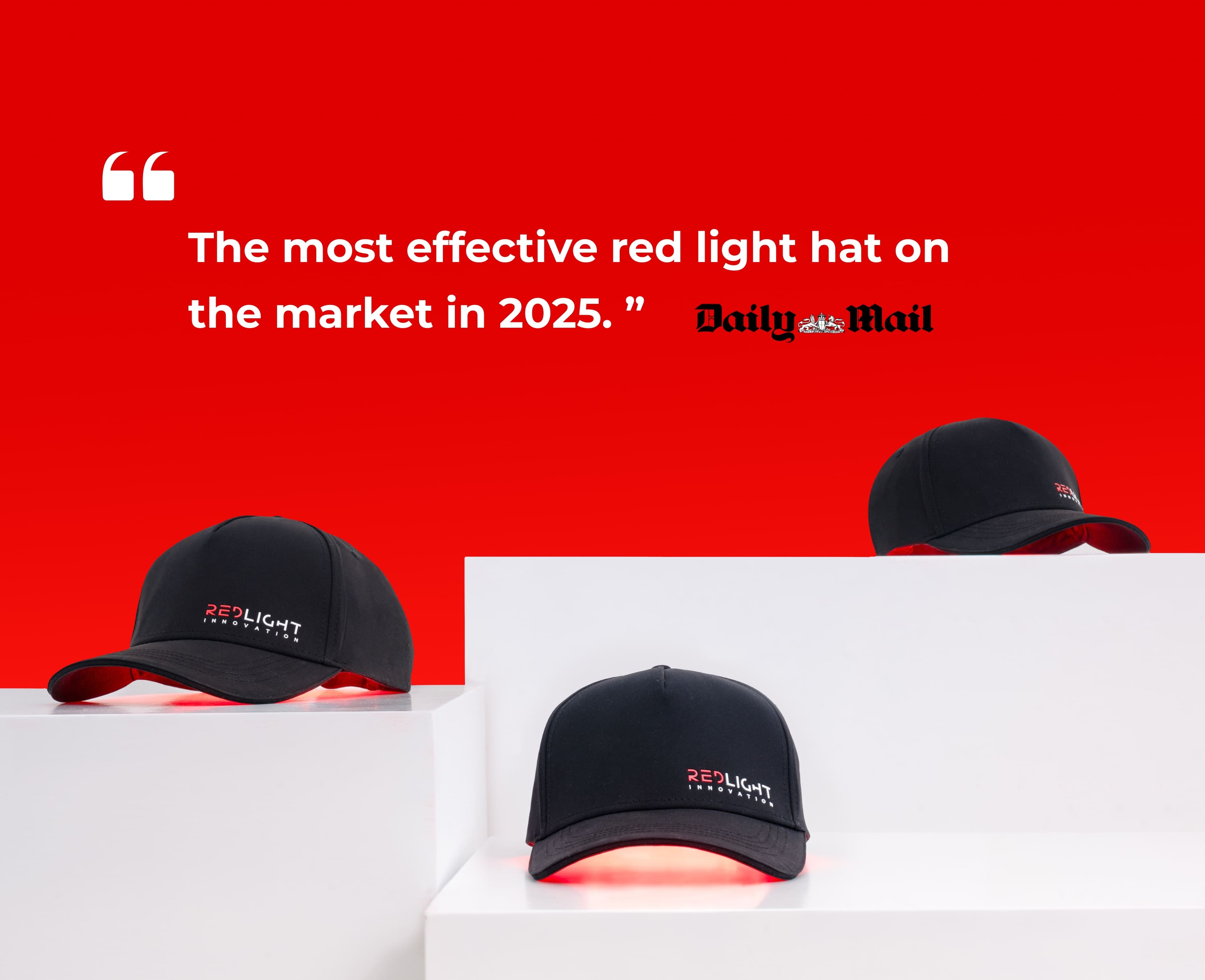 Black light-emitting hats on a white surface with a red background and Daily Mail quote.