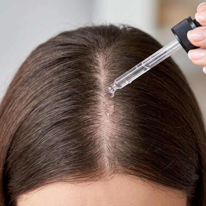 A bottle of minoxidil being applied to a thinning scalp