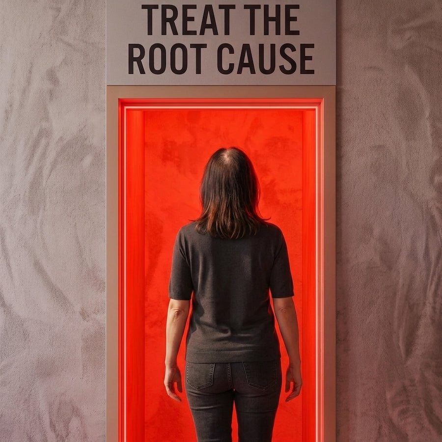 A man walking through a red lit doorway signed treat the root cause