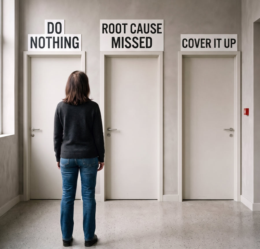 A man facing three doors signed do nothing, root cause missed and surgery