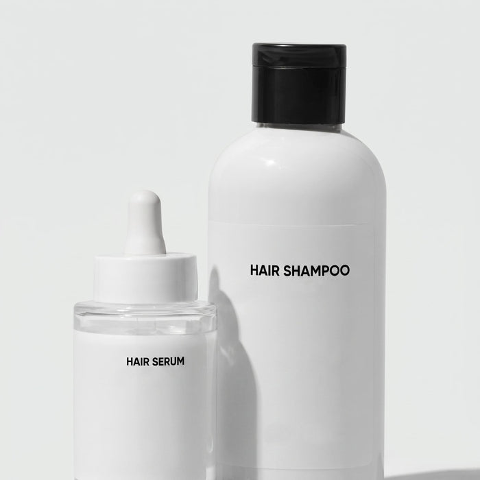 A hair shampoo bottle and a serum dropper
