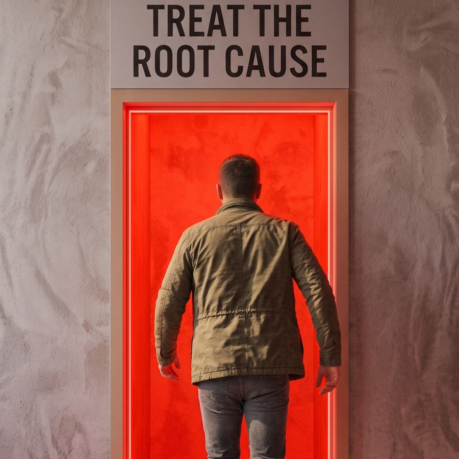 A man walking through a red lit doorway signed treat the root cause