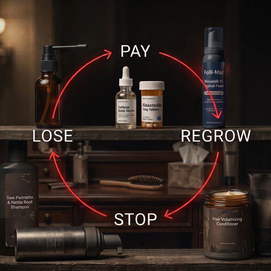Hair loss products arranged in a loop labelled pay, regrow, stop, lose