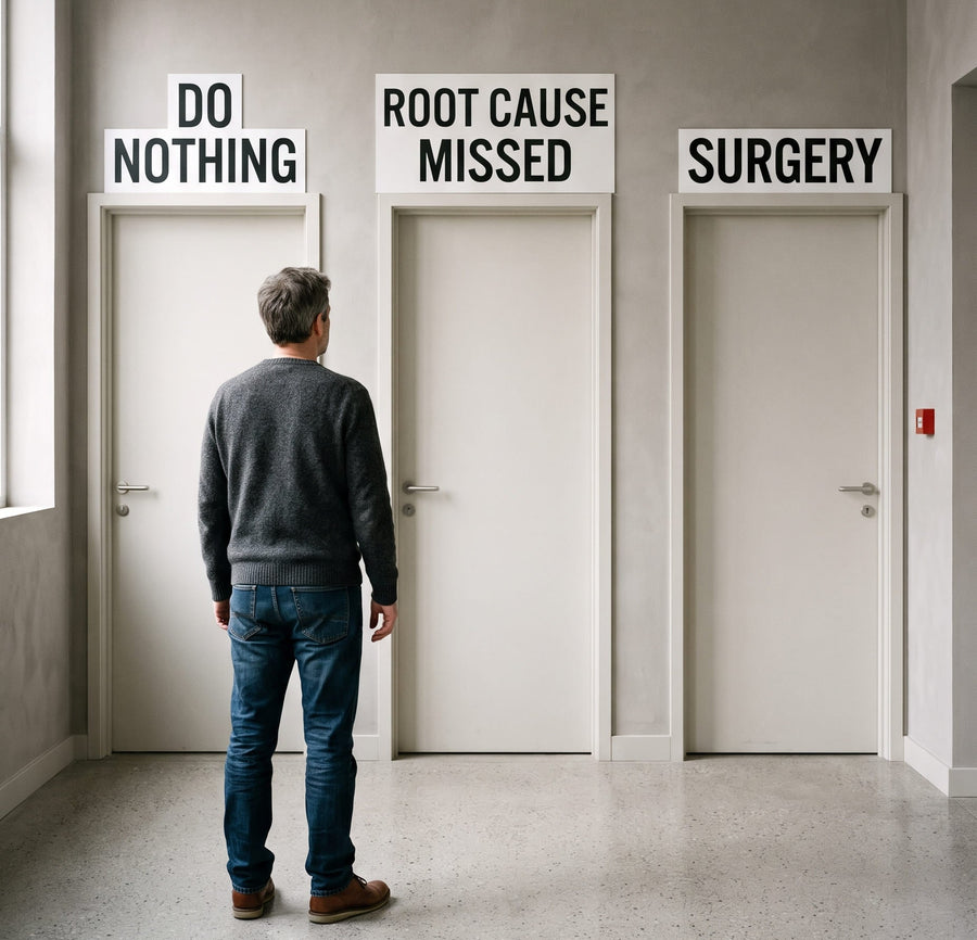 A man facing three doors signed do nothing, root cause missed and surgery