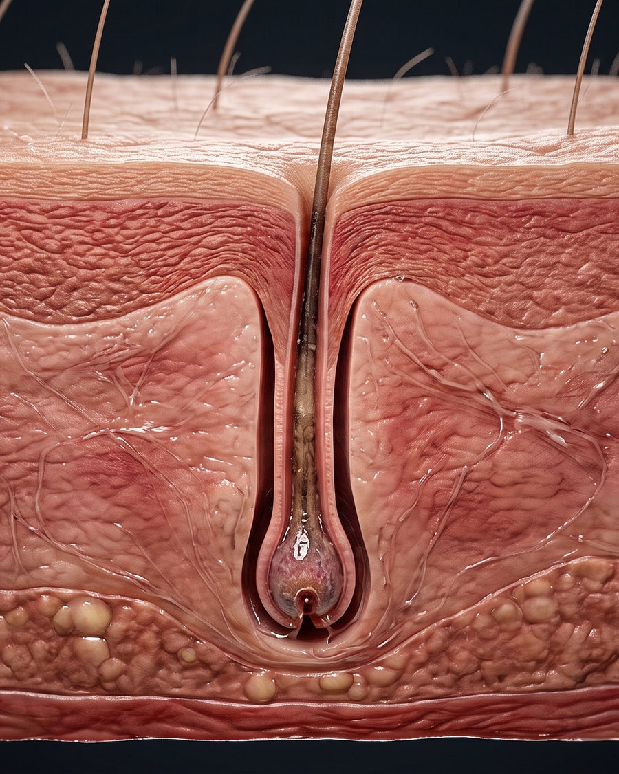 Cross-section of the scalp showing a single thinning hair follicle