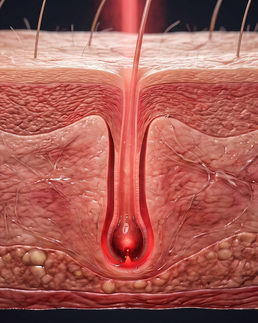 Red light entering the skin from above, travelling towards the follicle