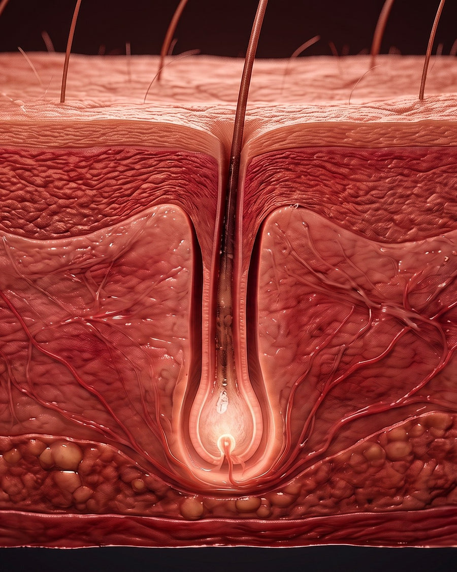 The follicle lit through, with vessels supplying its base
